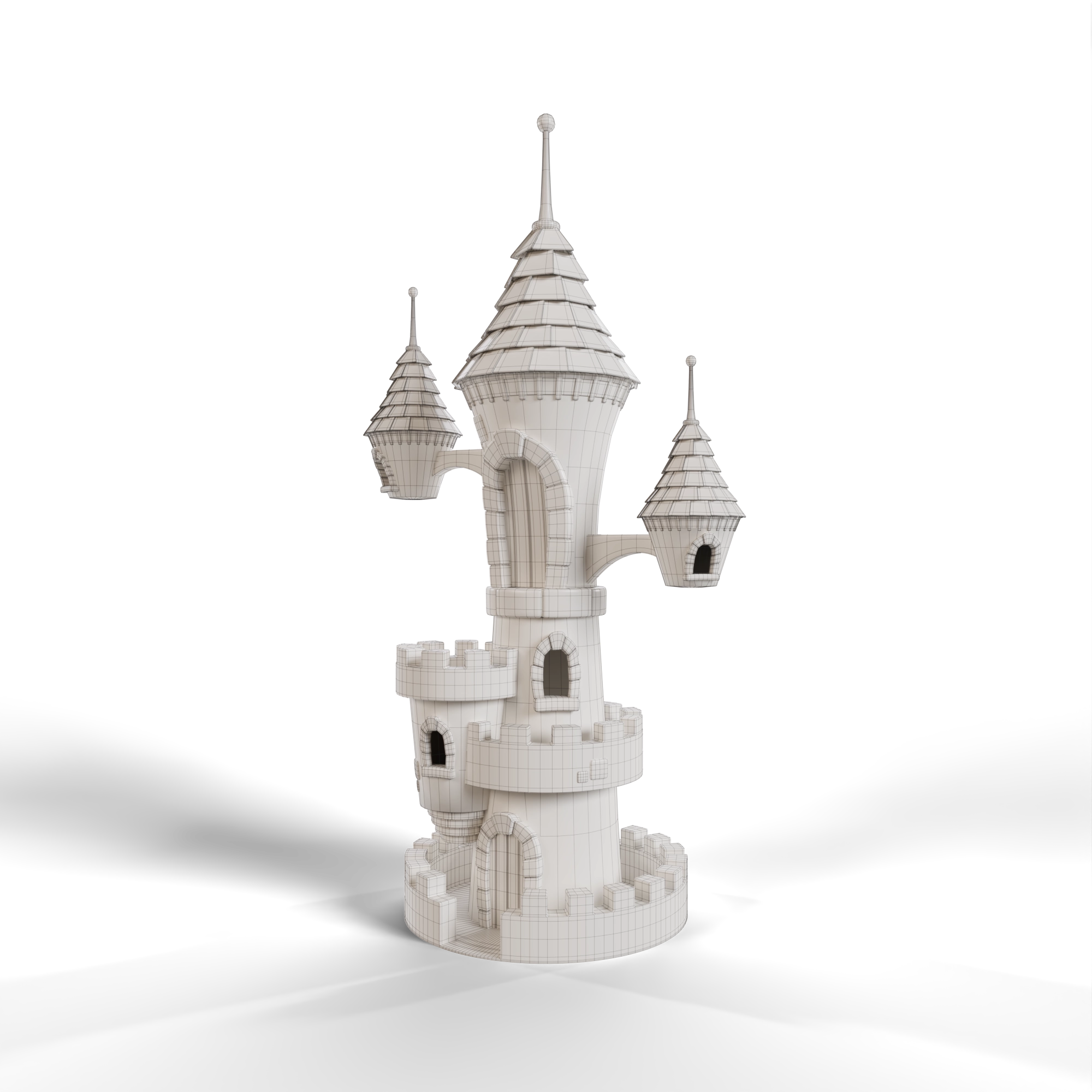 Castle in 3/4 view with white neutral material, wireframe, and shadows