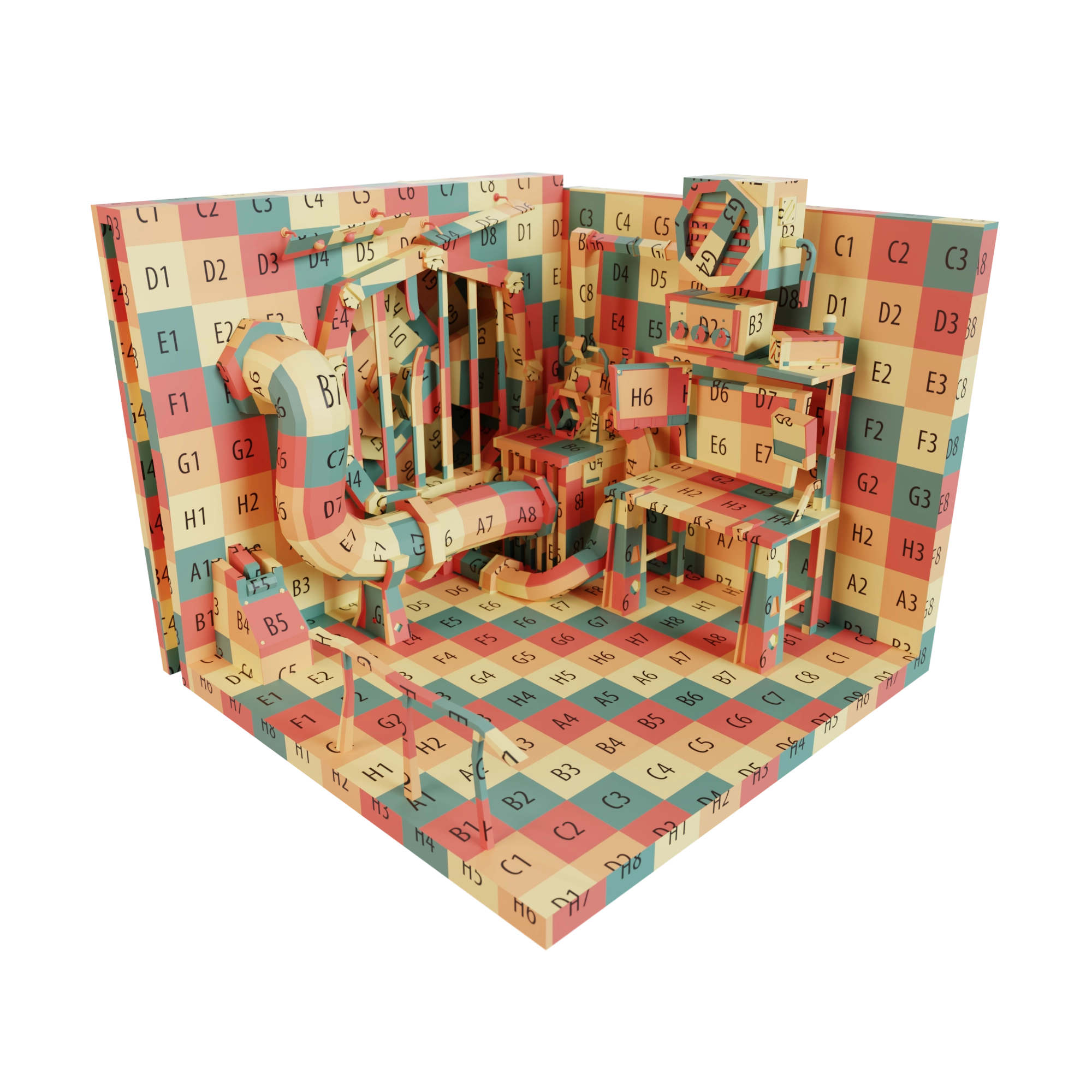 Diorama in 3/4 view with checker material