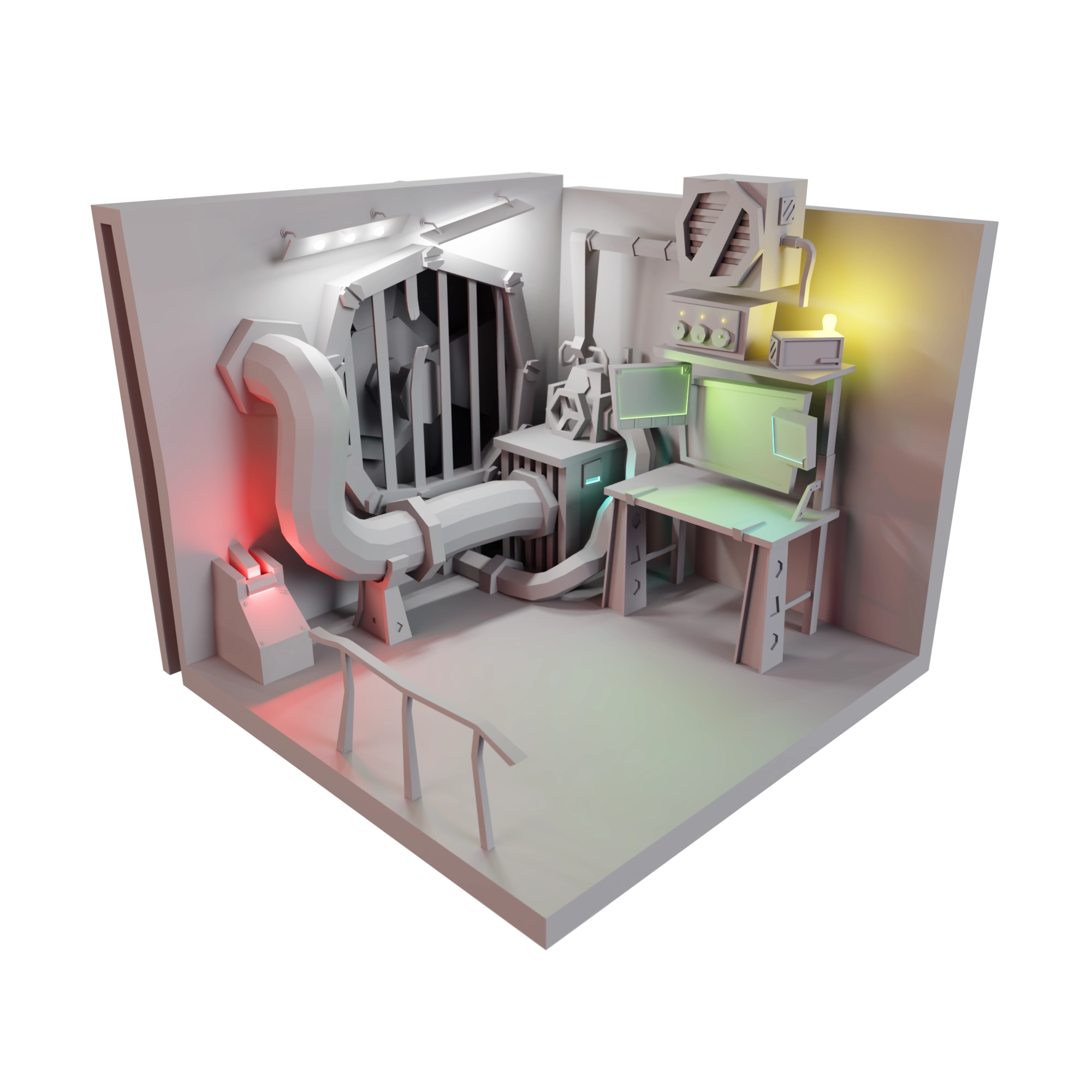 Diorama in 3/4 view with grey neutral material and lights