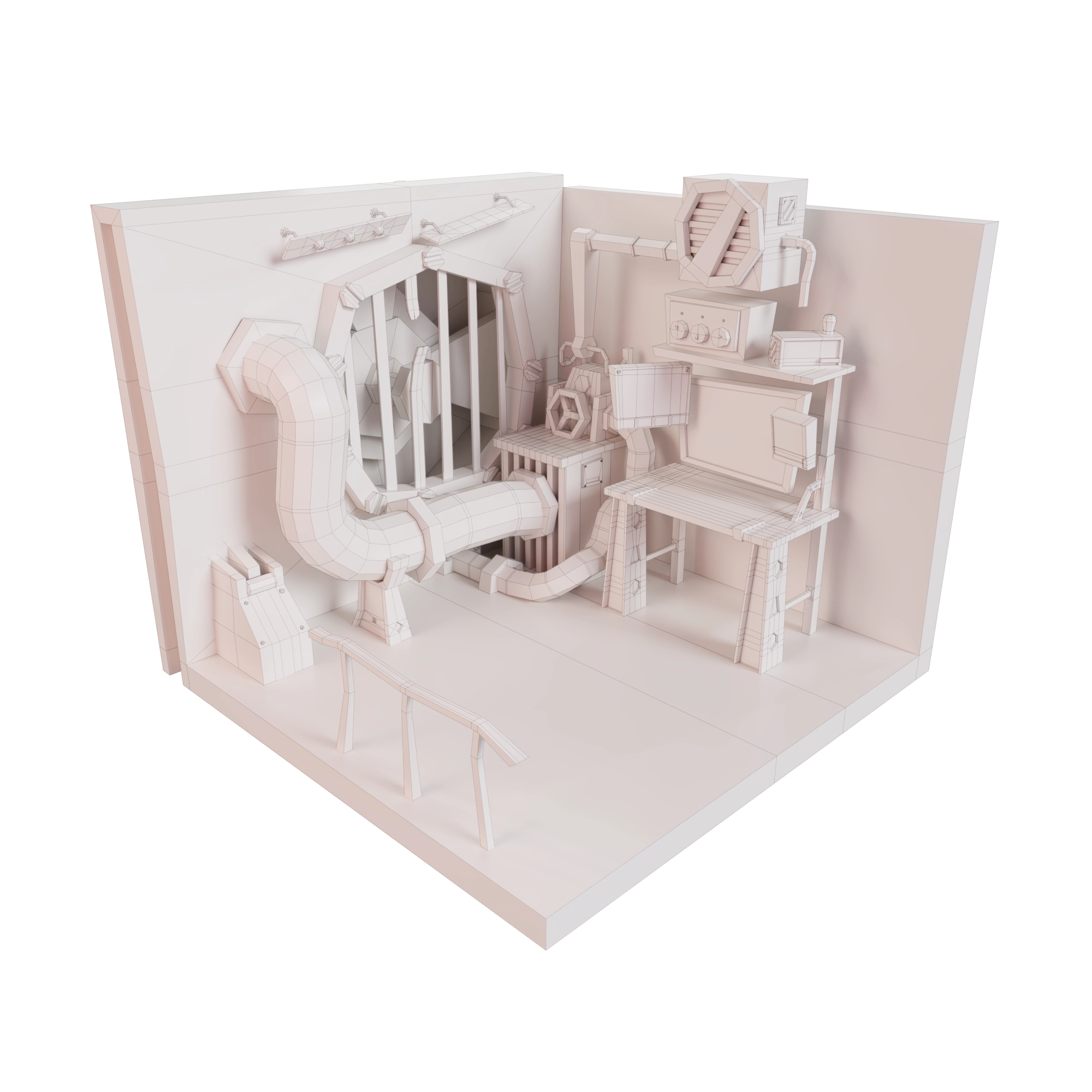 Diorama in 3/4 view with white neutral material and wireframe