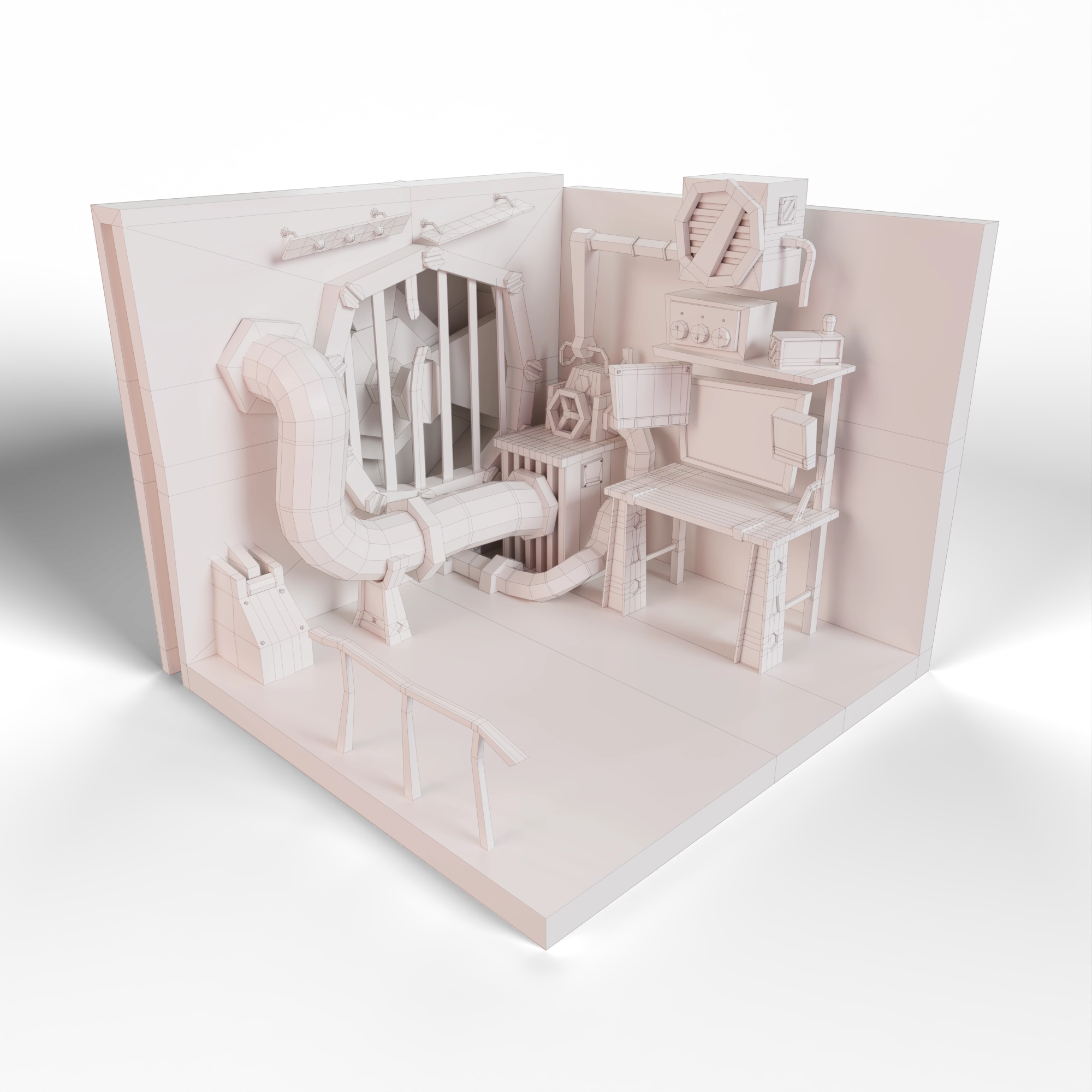 Diorama in 3/4 view with white neutral material, wireframe, and shadows