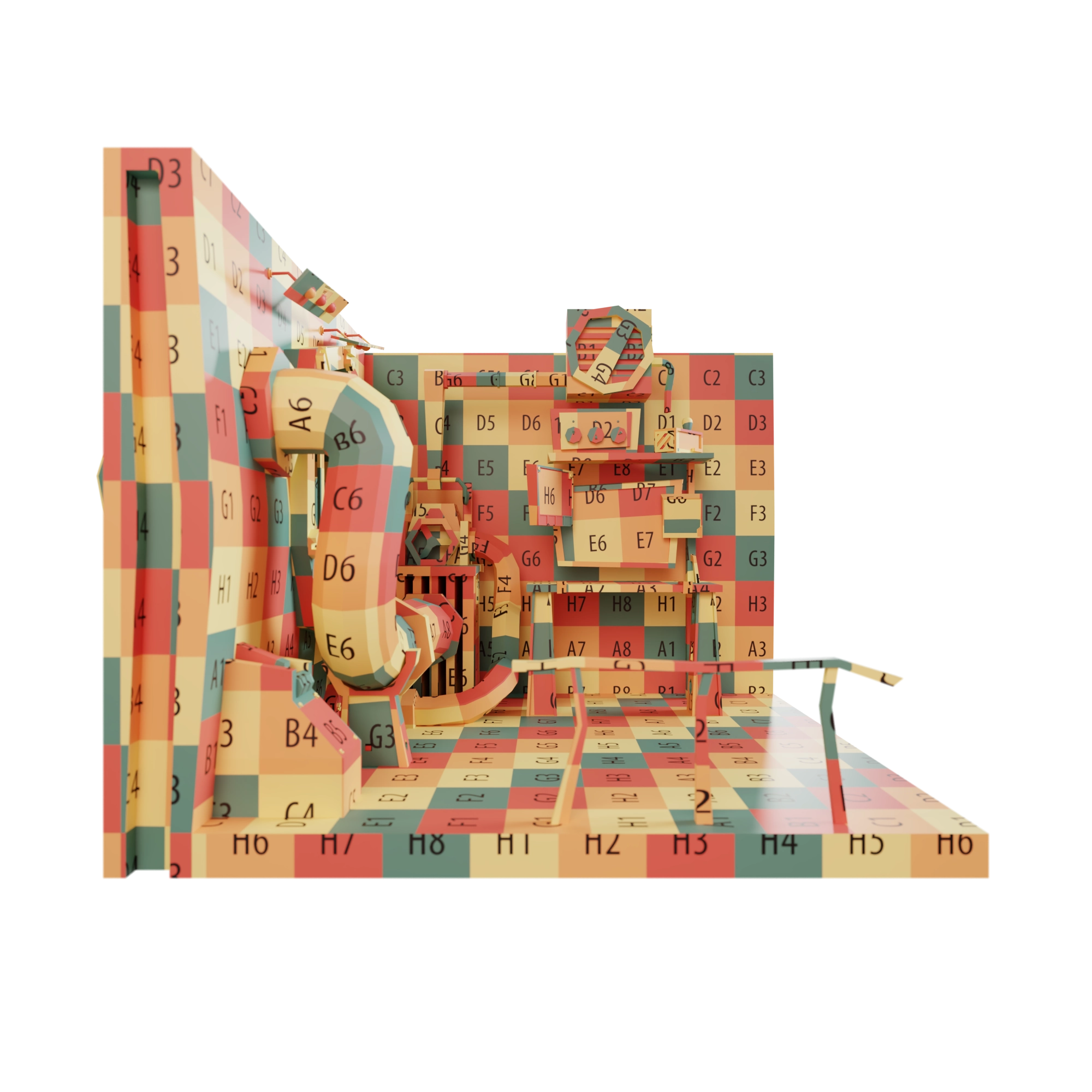 Diorama in front view with checker material