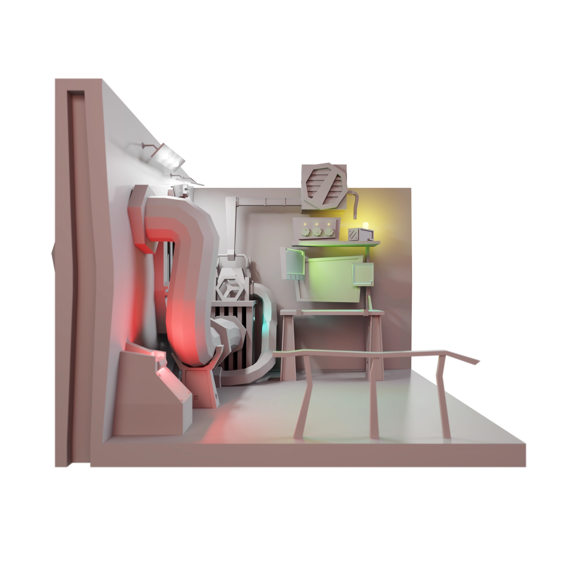 Diorama in front view with grey neutral material and lights