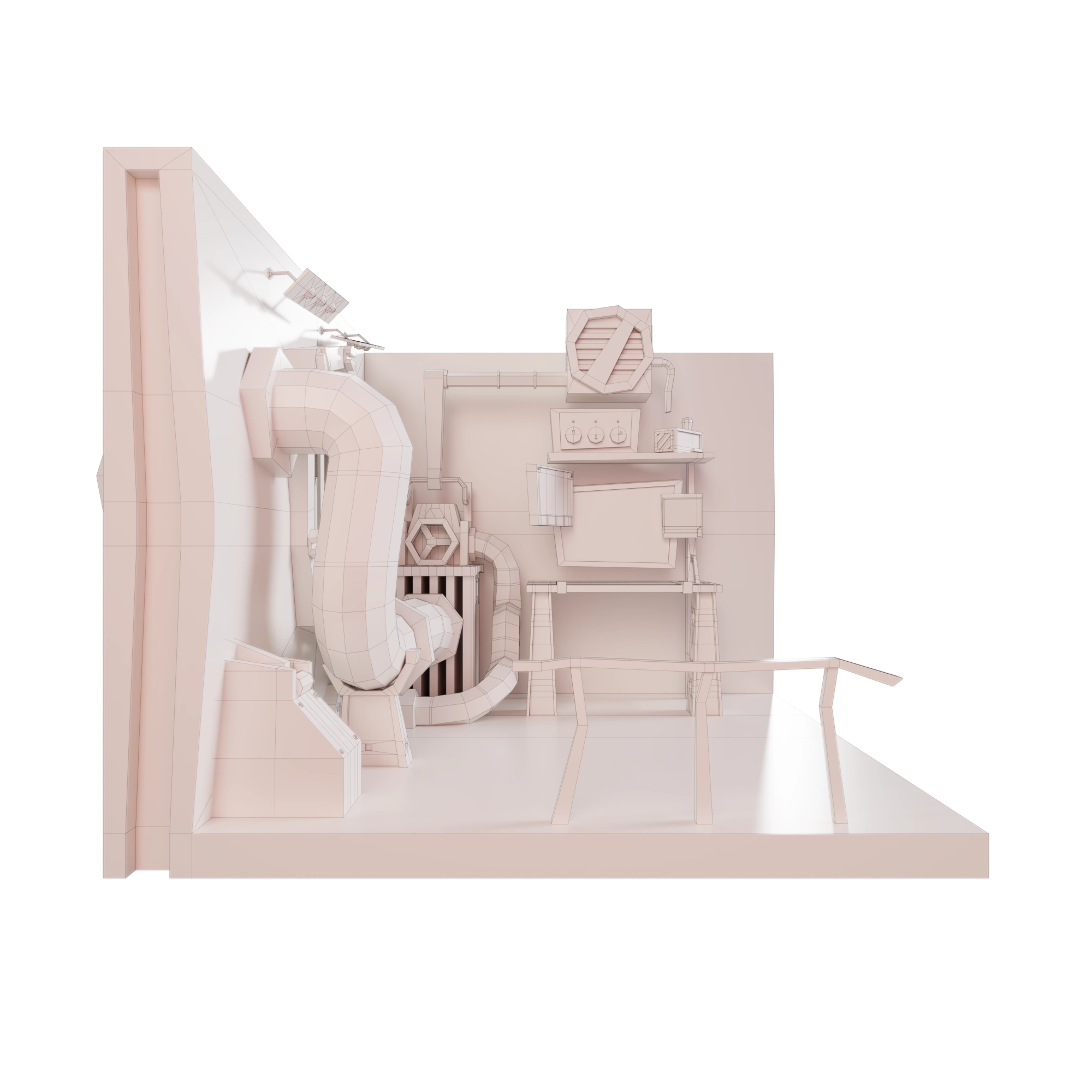 Diorama in front view with white neutral material and wireframe