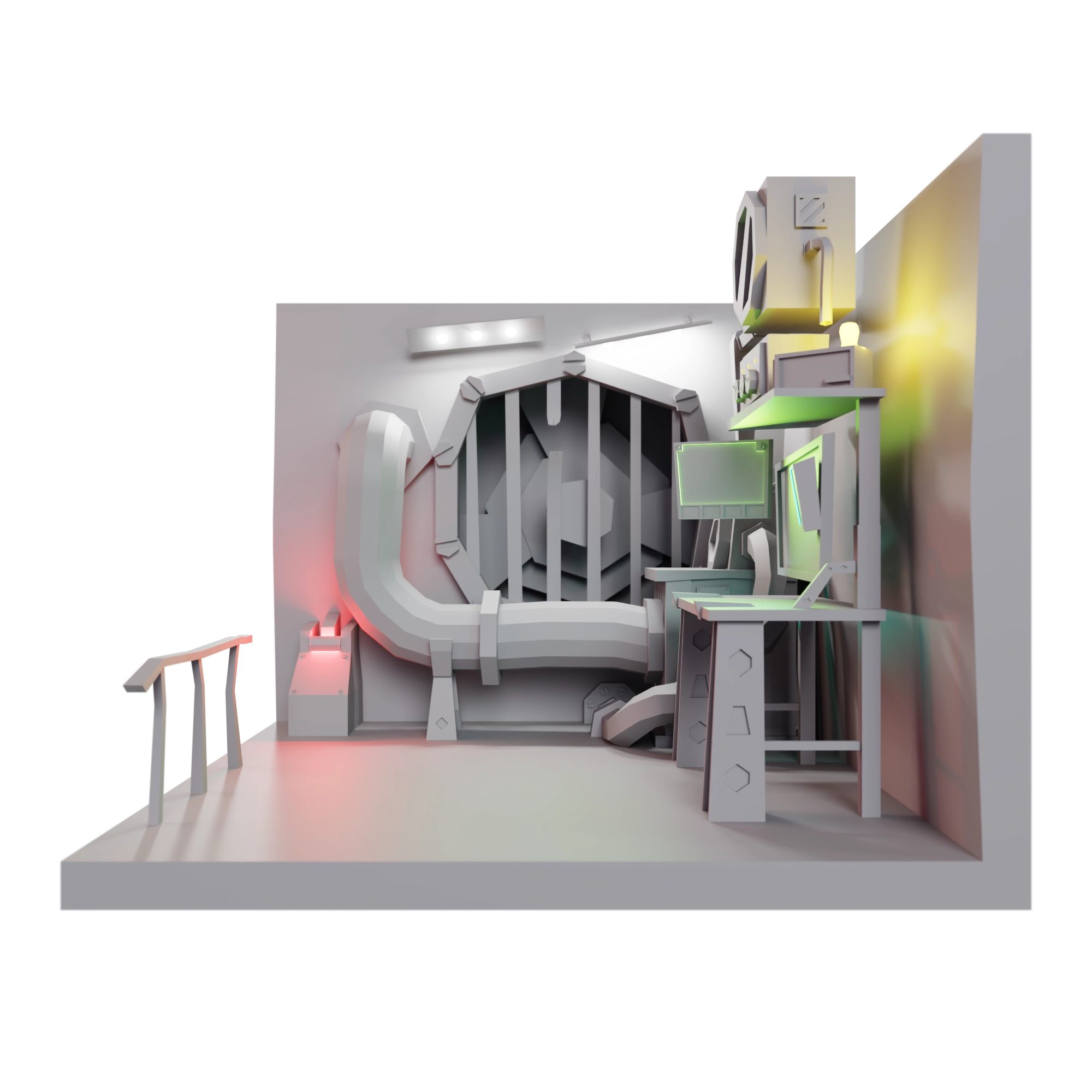 Diorama in right view with grey neutral material and lights