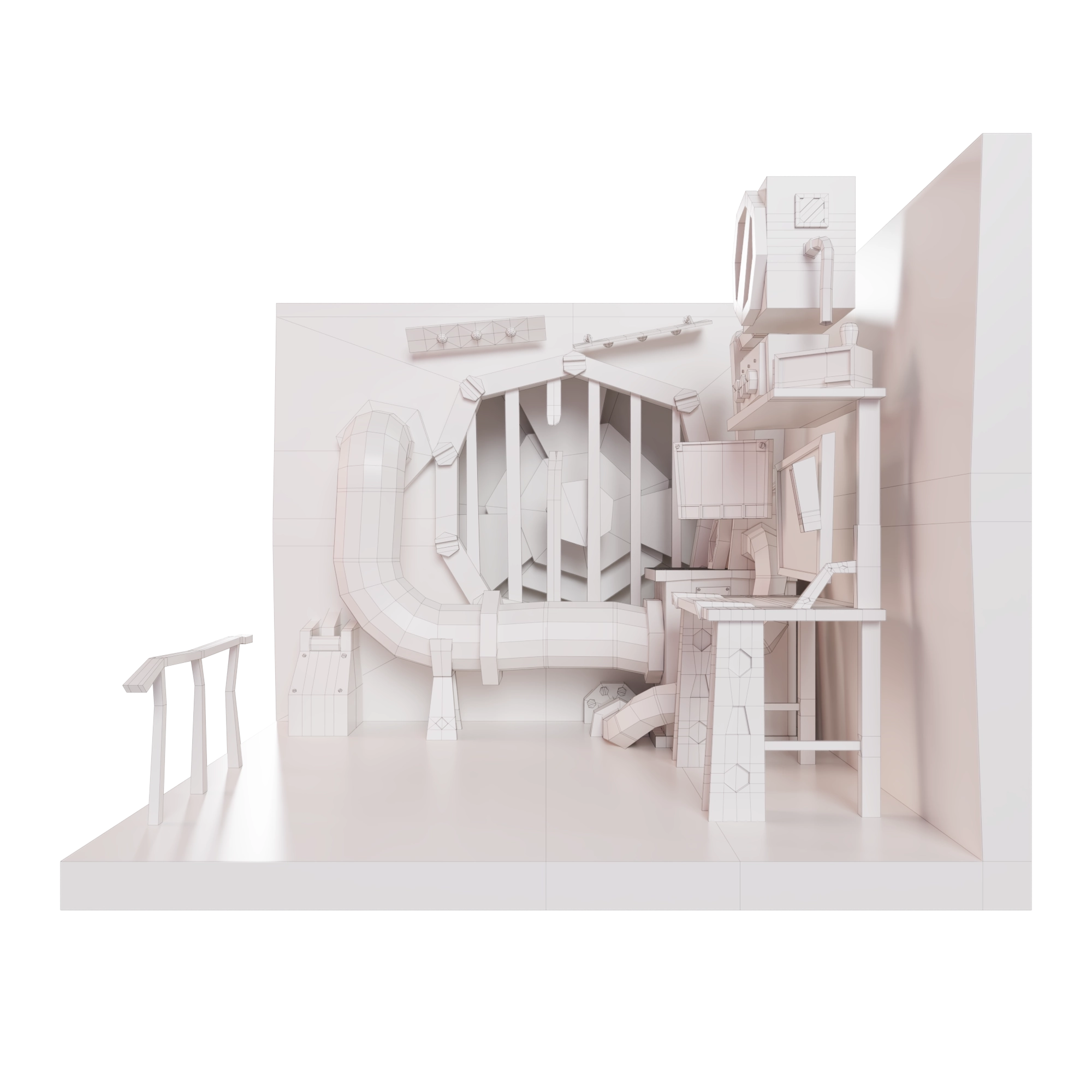 Diorama in right view with white neutral material and wireframe
