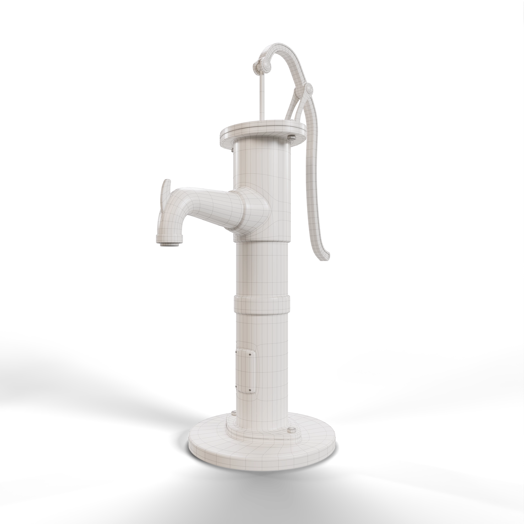 Old Water Pump in 3/4 view with white neutral material, wireframe, and shadows
