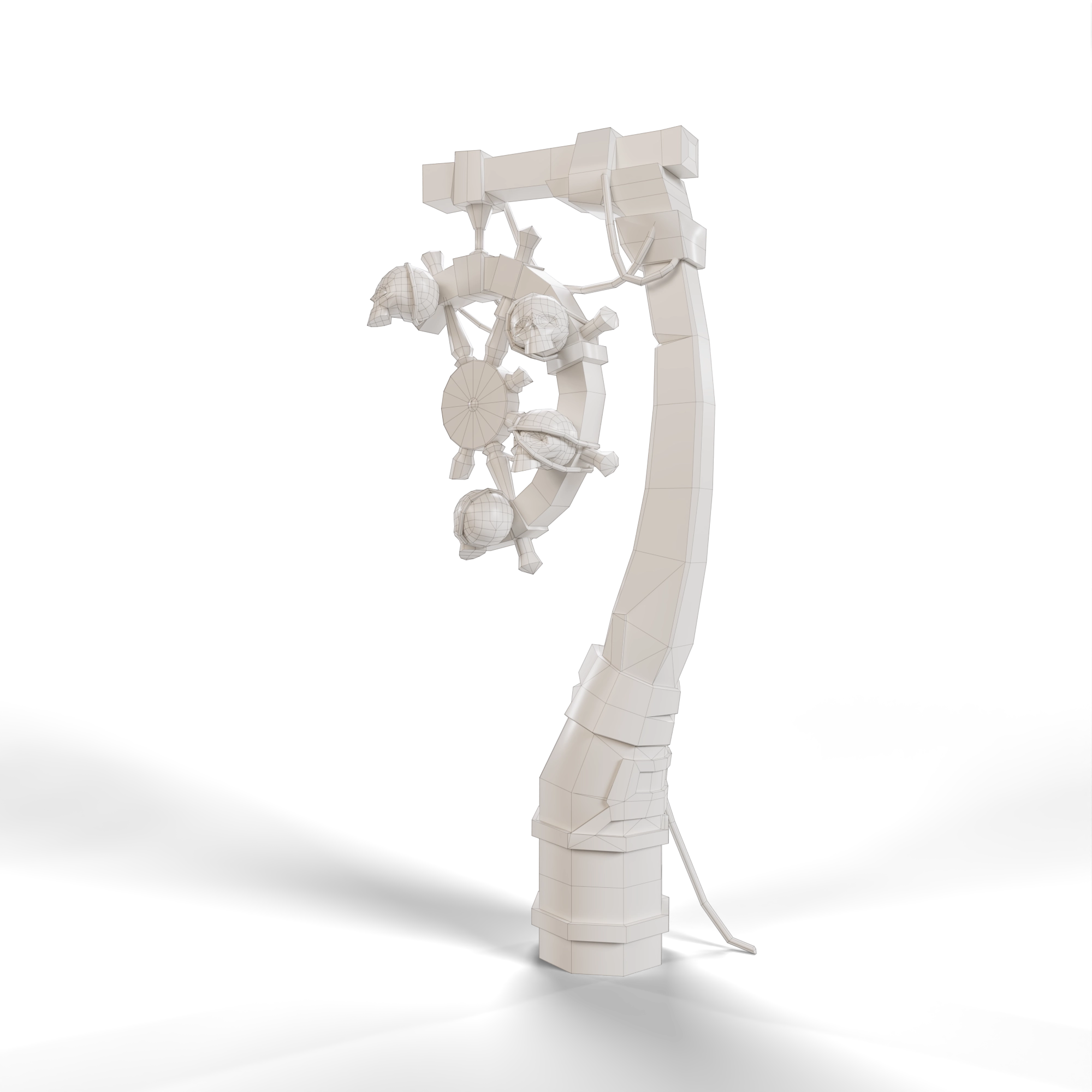 Pirate Post in 3/4 view with white neutral material, wireframe, and shadows